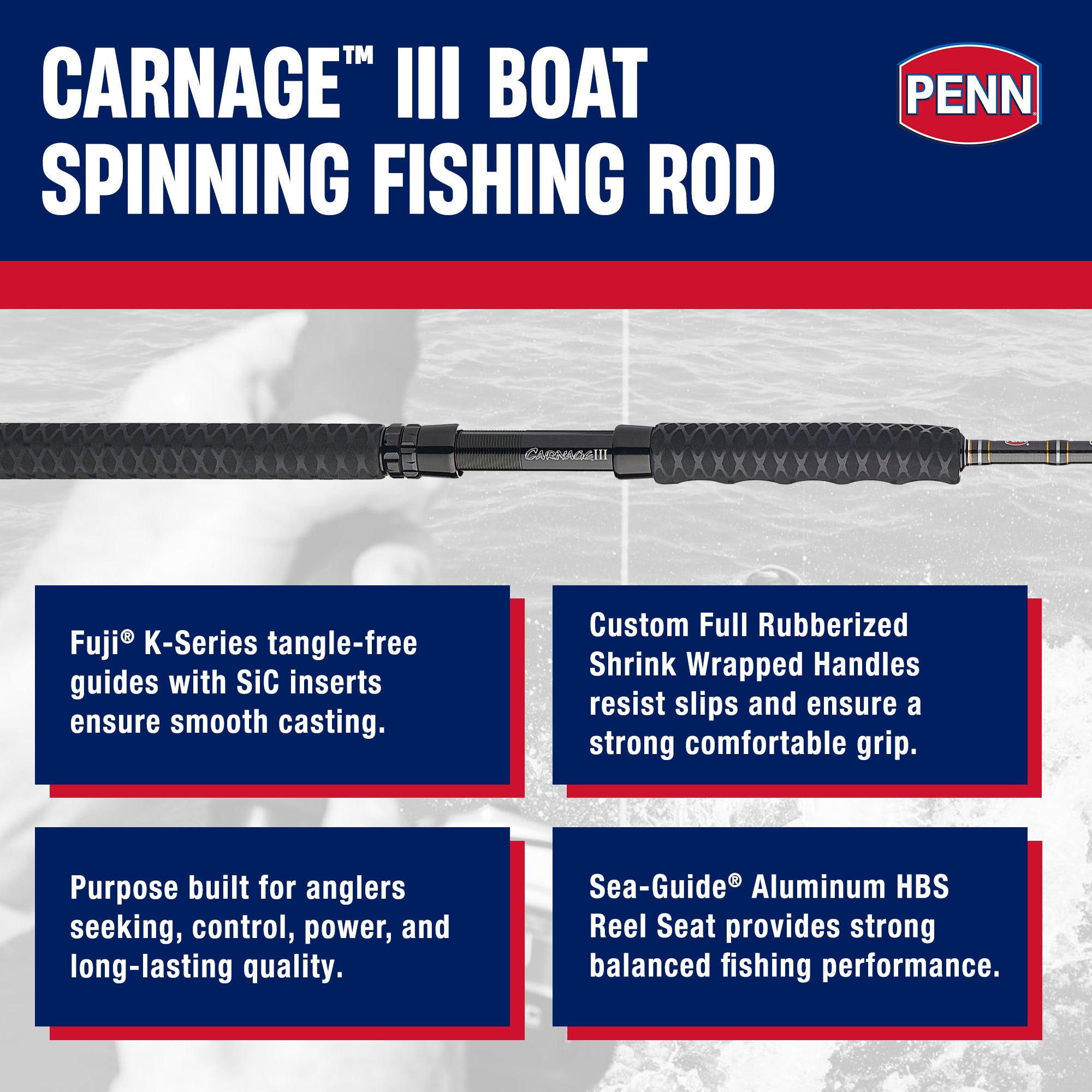 PENN Carnage III Spinning Boat Fishing Rod, 7' Fishing Pole, Light Power - VMInnovations