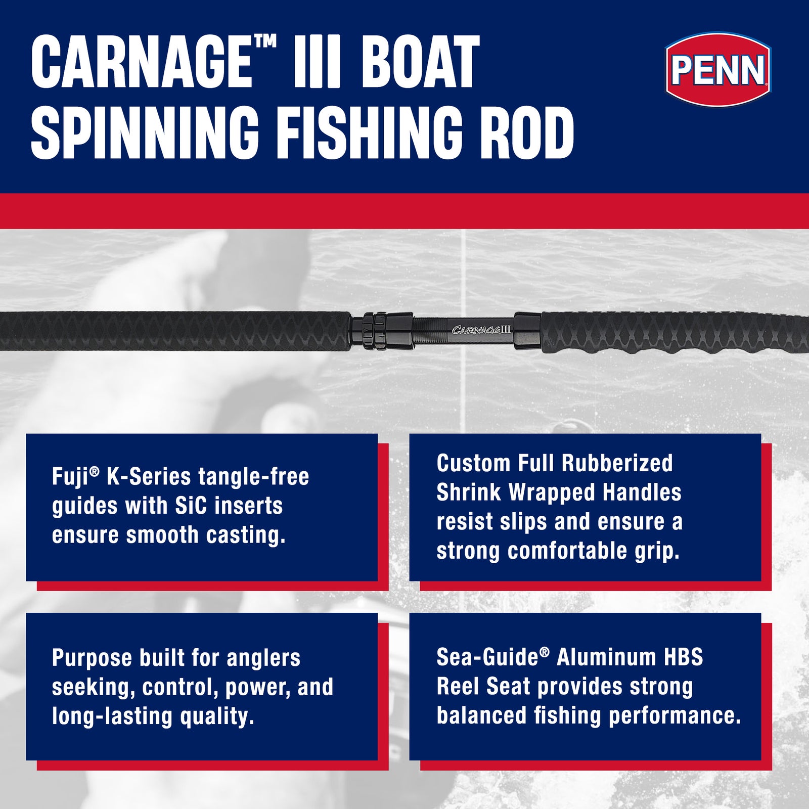 PENN Carnage III Spinning Boat Rod, 6'6" Fishing Pole, Medium Rod Power - VMInnovations