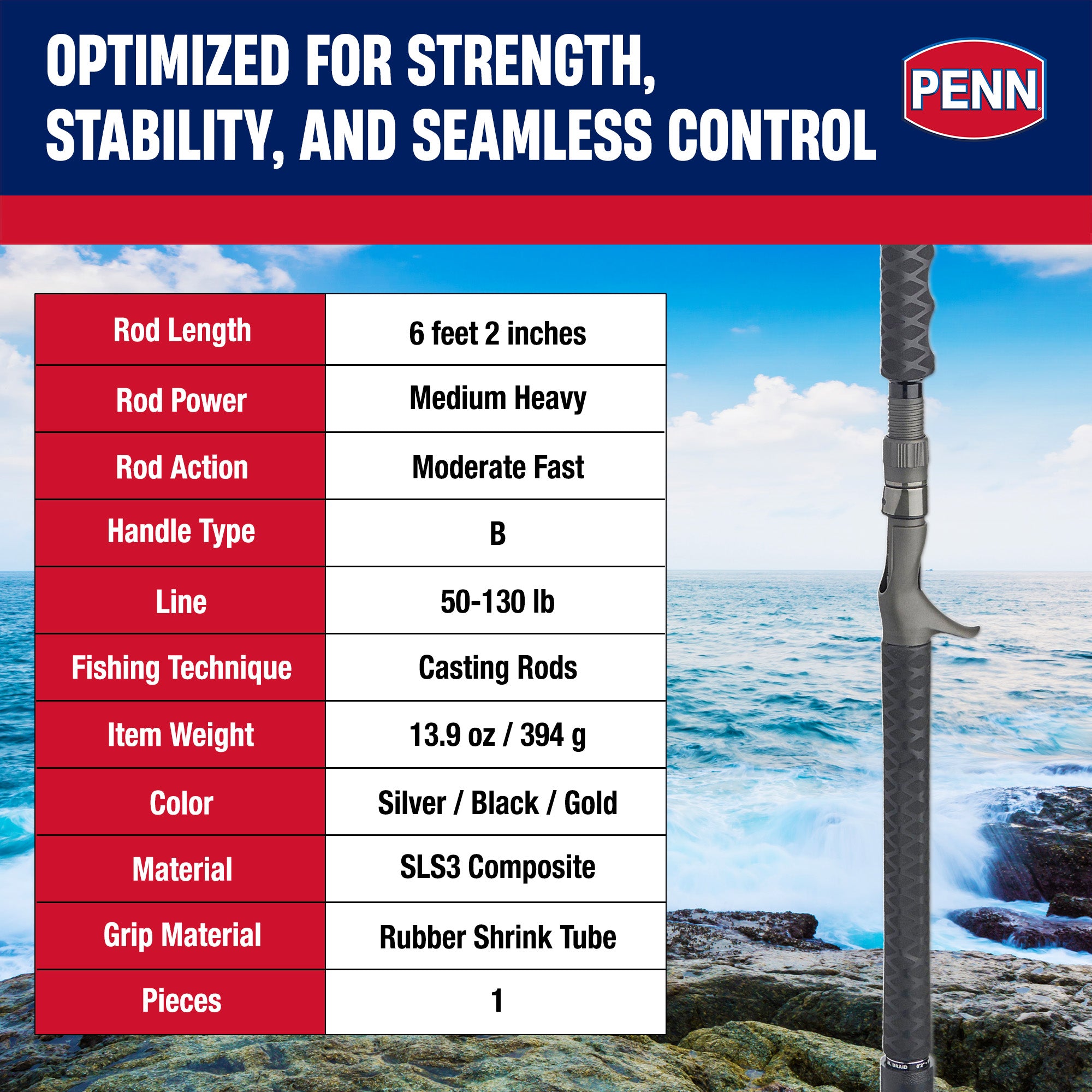 PENN Carnage III Conventional Jigging Rod, 6'2" Pole, Heavy Power (Open Box)