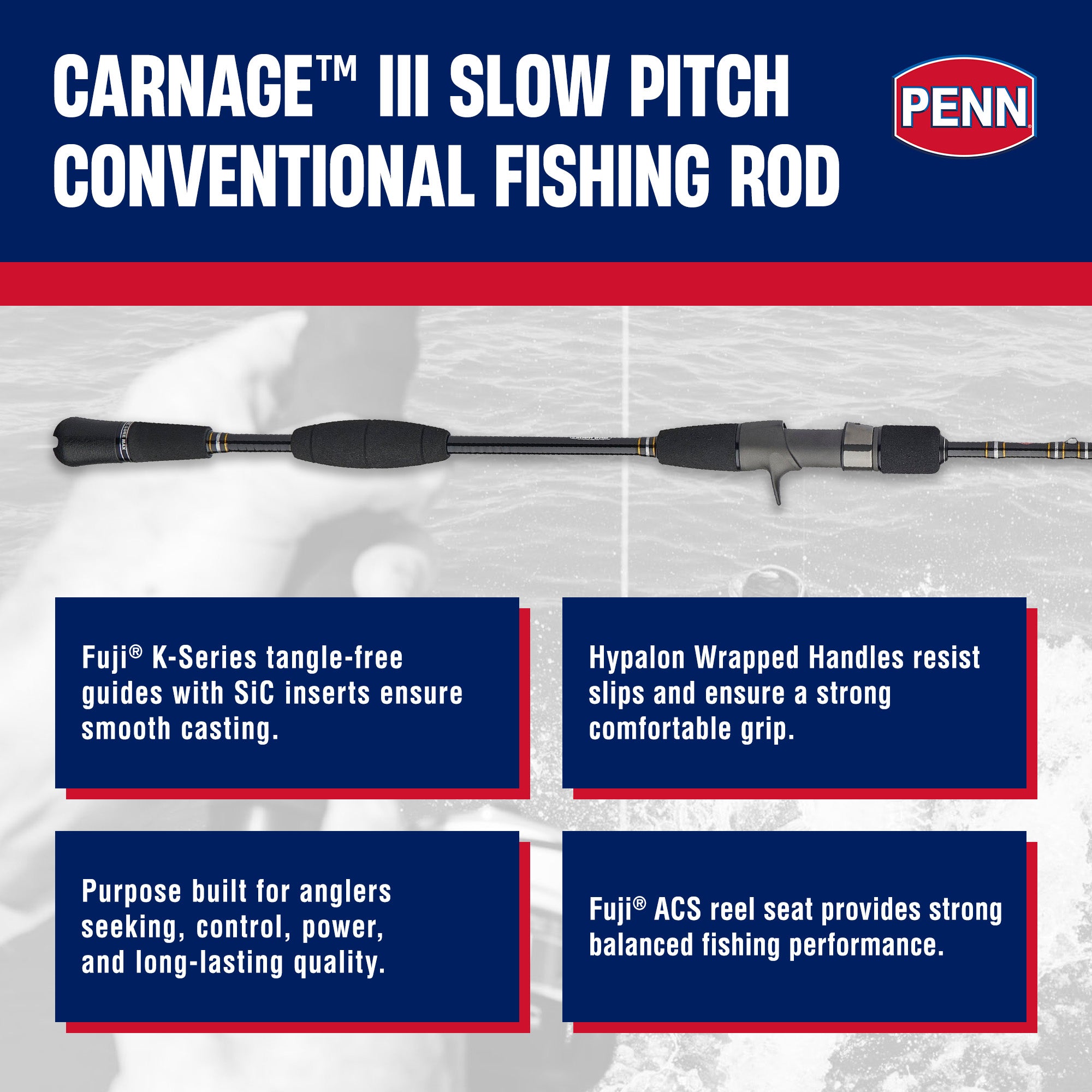 PENN Carnage III Conventional Slow Pitch Rod, 6'8" Fishing Pole (Open Box)