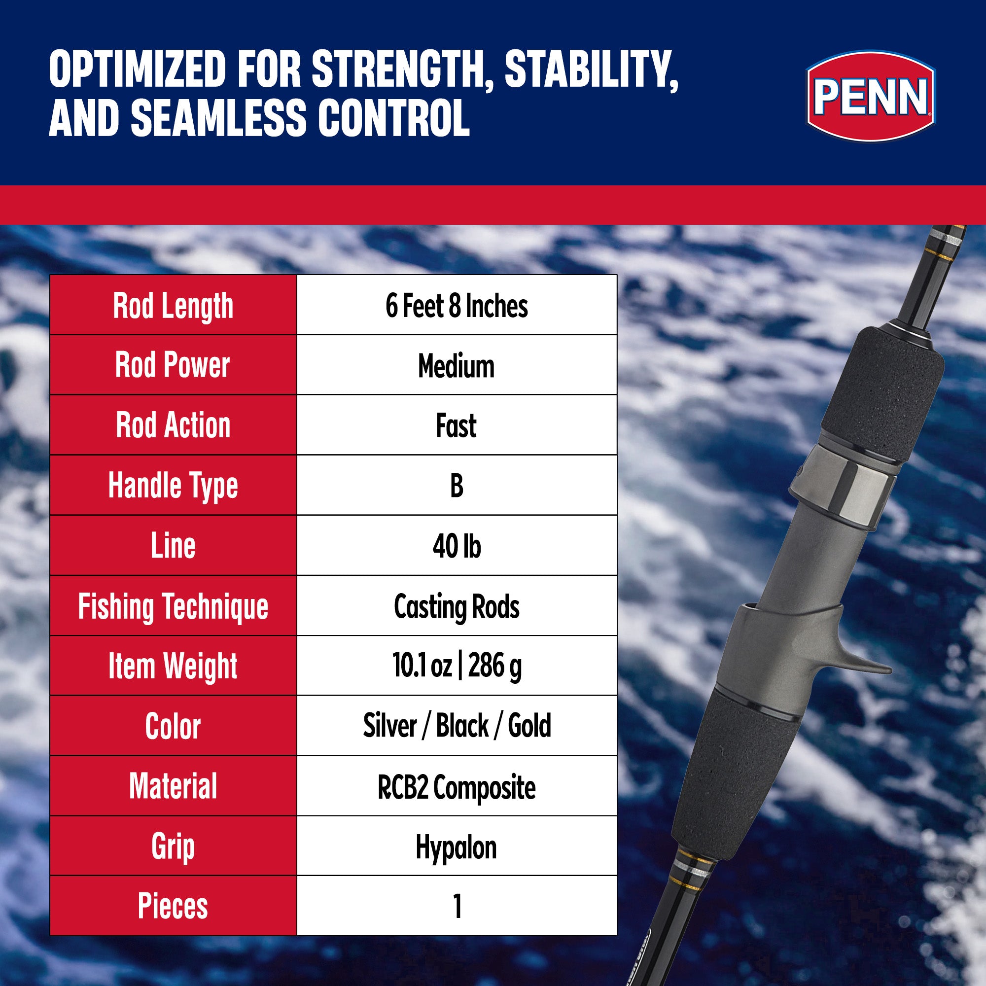 PENN Carnage III Conventional Slow Pitch Rod, 6'8" Fishing Pole (Open Box)