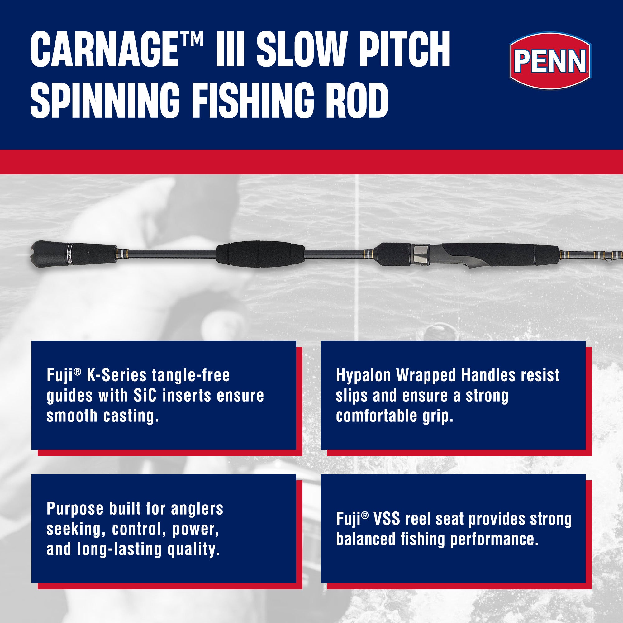 PENN Carnage III Slow Pitch Spinning Rod, 6'8" Fishing Pole, Md Heavy(Open Box)
