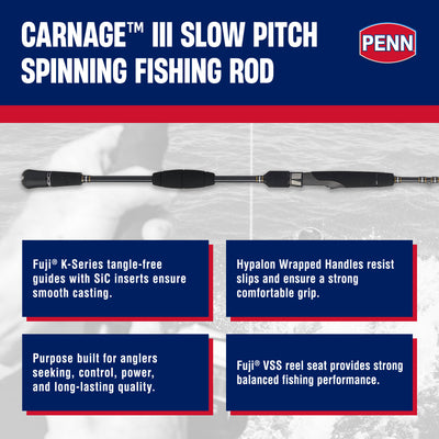 PENN Carnage III Slow Pitch Spinning Rod, 6'8" Fishing Pole, Md Heavy(Open Box)