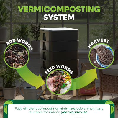 FCMP Essential Living Worm Composter Bin, 4-Tray Indoor System, Black (Open Box) - VMInnovations