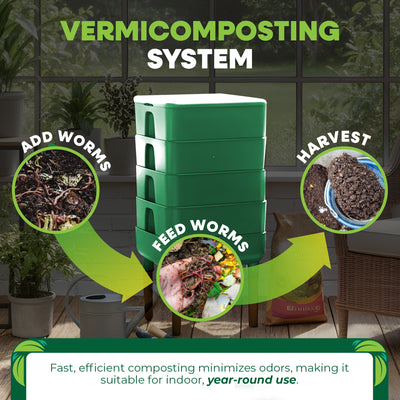FCMP Outdoor Essential Living Worm Composter Bin, 4-Tray Indoor System, Green - VMInnovations