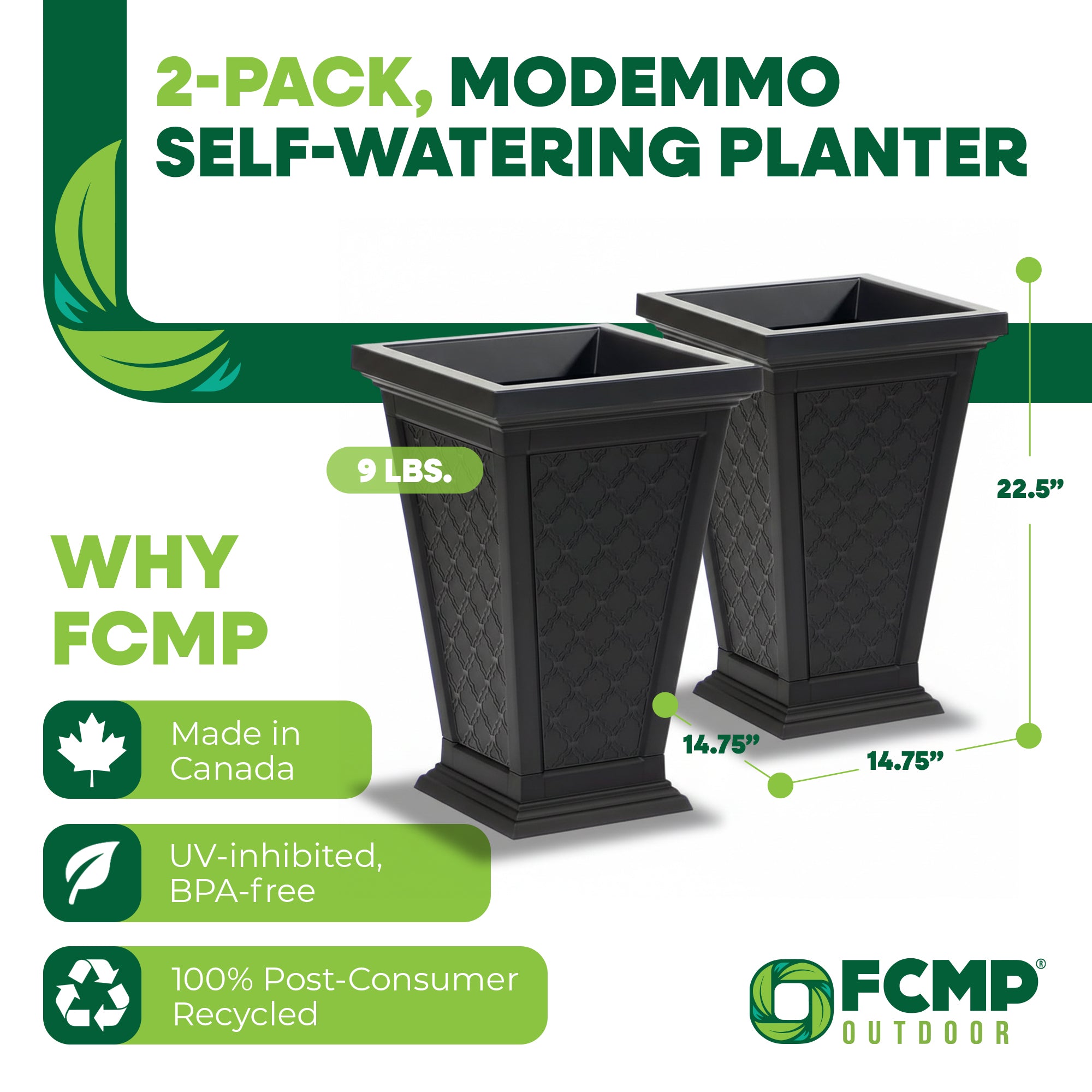 FCMP Outdoor Modemmo Self-Watering Planter, Casablanca Pattern, Black, Set of 2 - VMInnovations