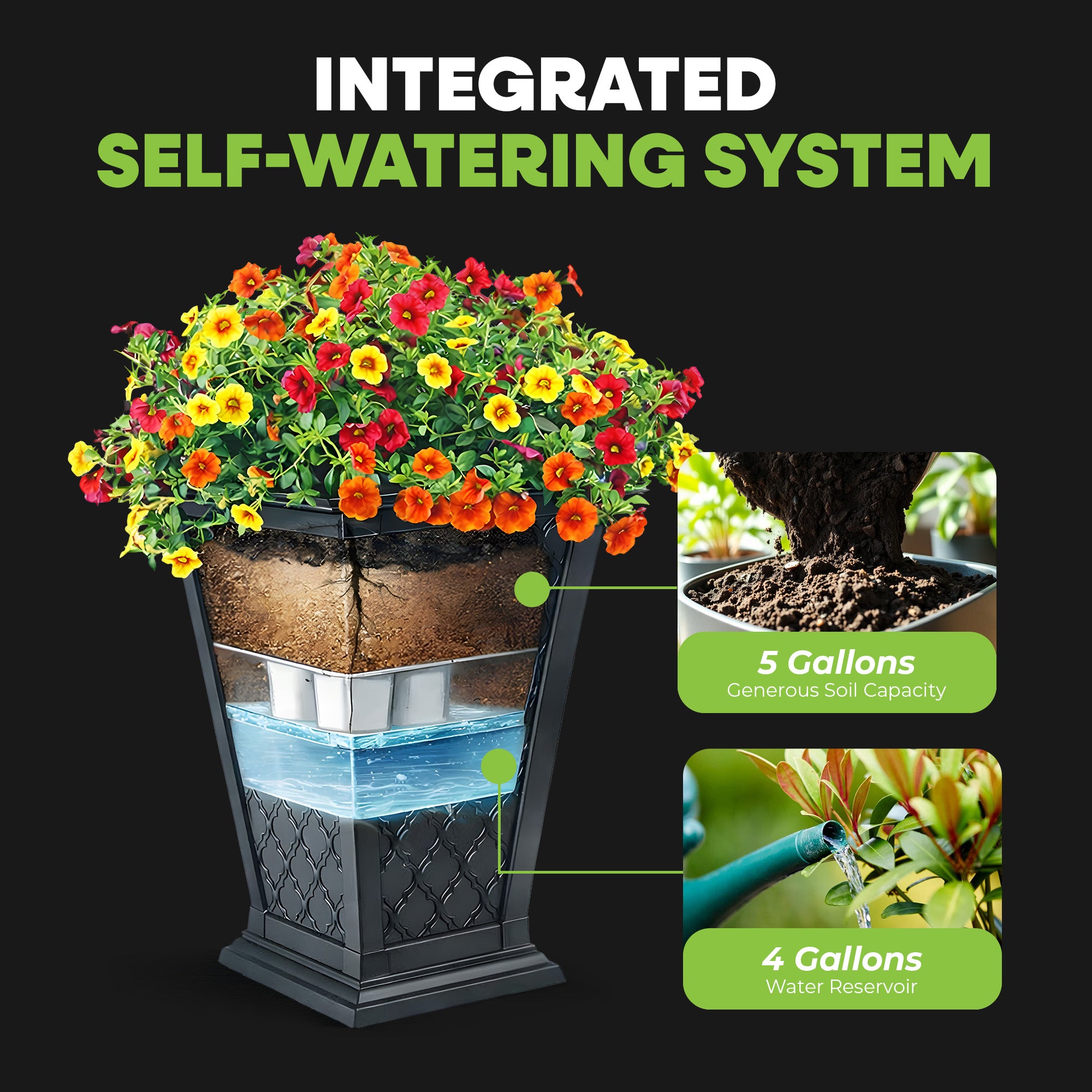 FCMP Outdoor Modemmo Self-Watering Planter, Casablanca Pattern, Black, Set of 2 - VMInnovations