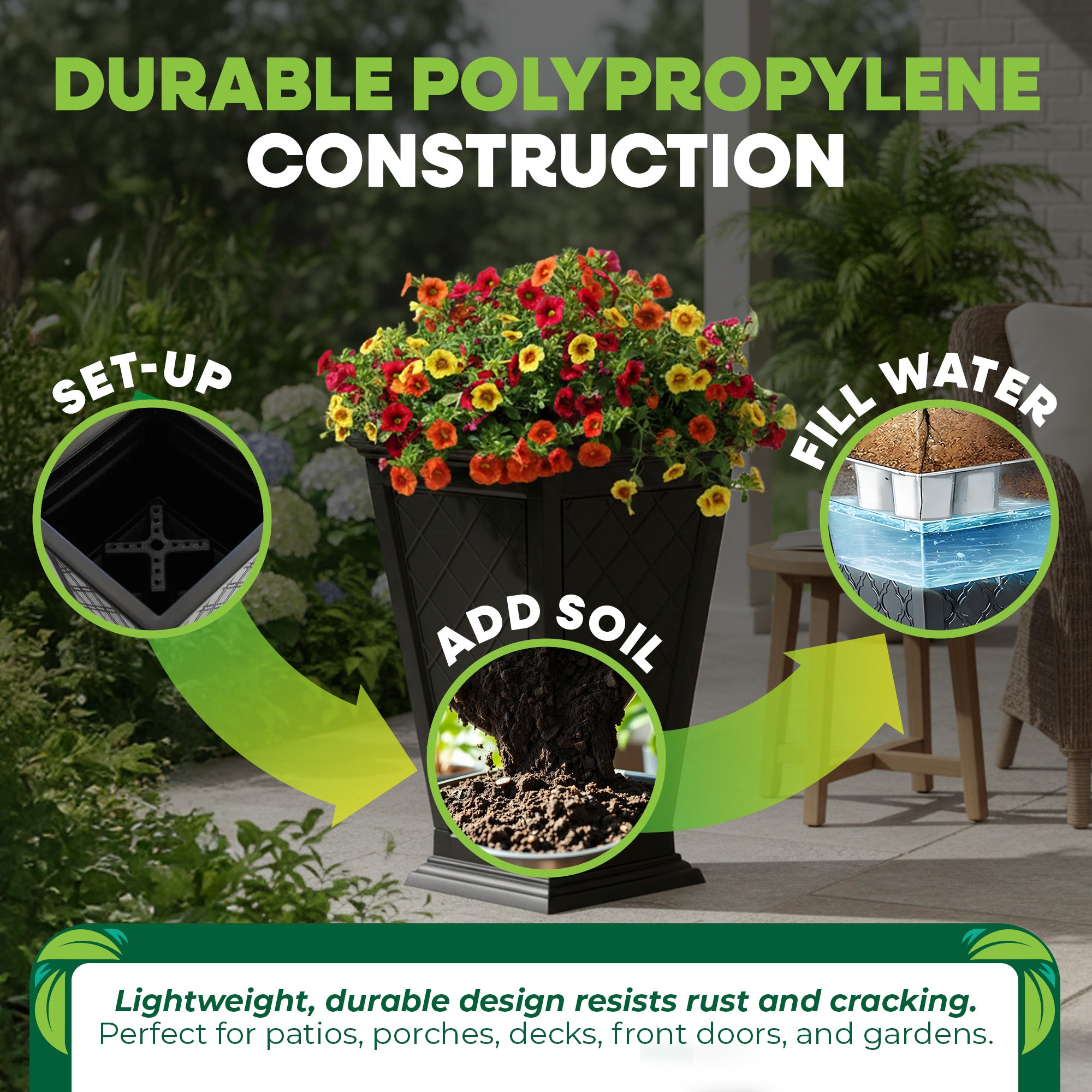 FCMP Outdoor Modemmo Self-Watering Planter, Argyle Pattern, Black, Set of 2 - VMInnovations