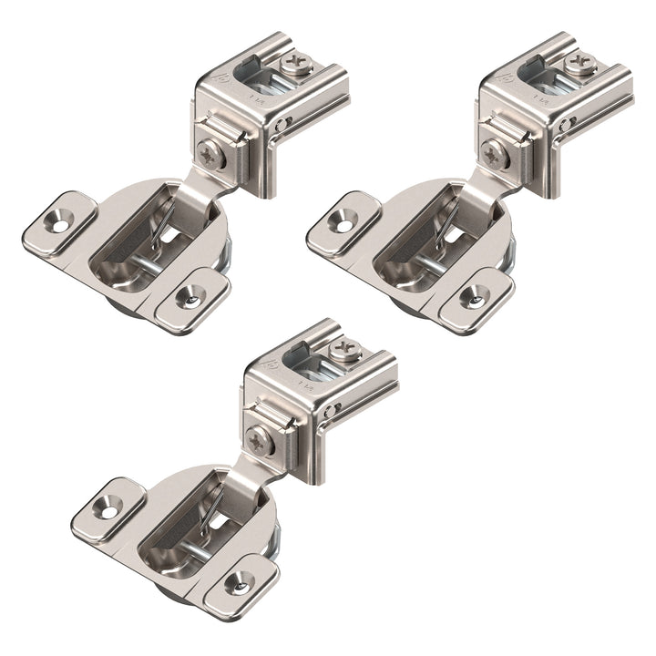 Blum COMPACT hinge (3 Pack), 1-1/4" Overlay, 110° Opening Angle, Steel, Concealed Hinges for Face Frame Cabinets