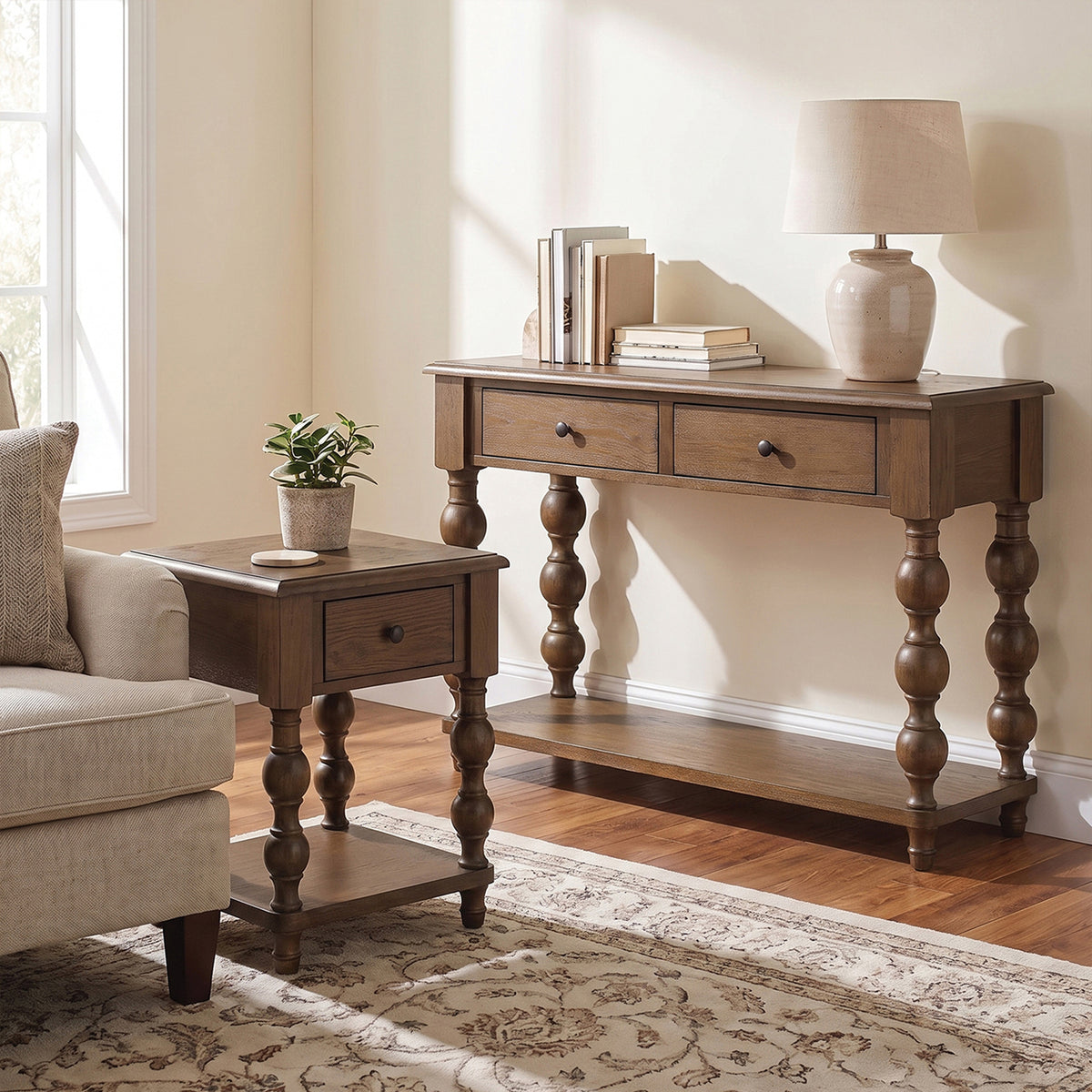 ROME + OAK Stratford Curved Leg Console Table with 2 Drawers, Dark Brown Oak