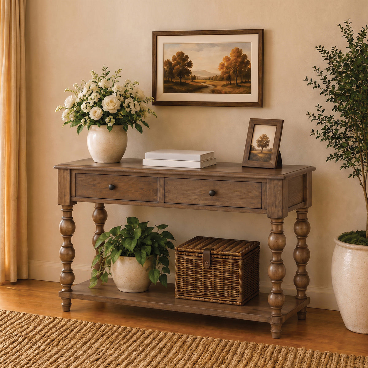 ROME + OAK Stratford Curved Leg Console Table with 2 Drawers, Dark Brown Oak
