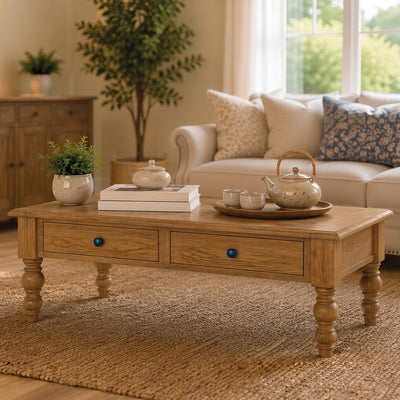 ROME + OAK Stratford Rectangular Wood Cocktail Table w/ Drawers, Natural Oak