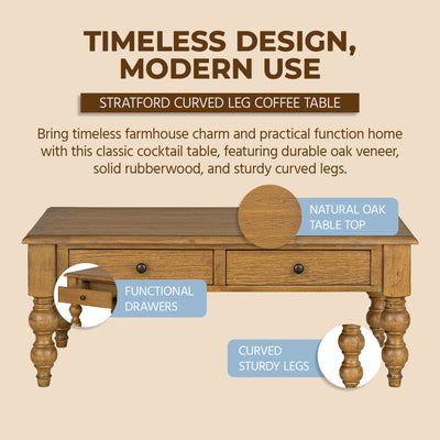 ROME + OAK Stratford Rectangular Wood Cocktail Table w/ Drawers, Natural Oak