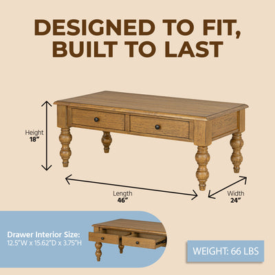 ROME + OAK Stratford Rectangular Wood Cocktail Table w/ Drawers, Natural Oak