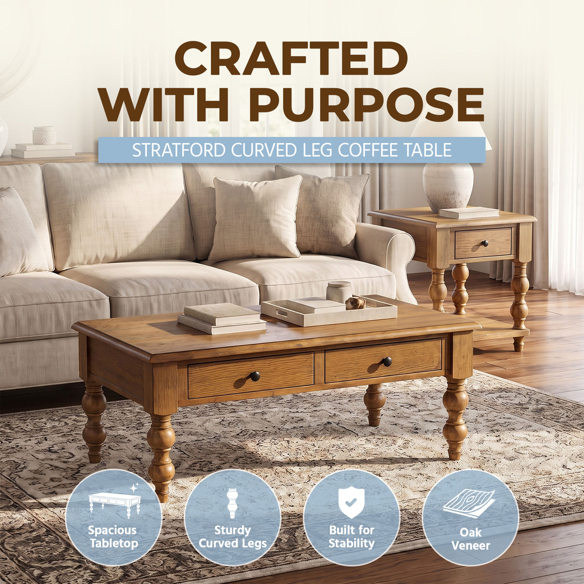 ROME + OAK Stratford Rectangular Wood Cocktail Table w/ Drawers, Natural Oak