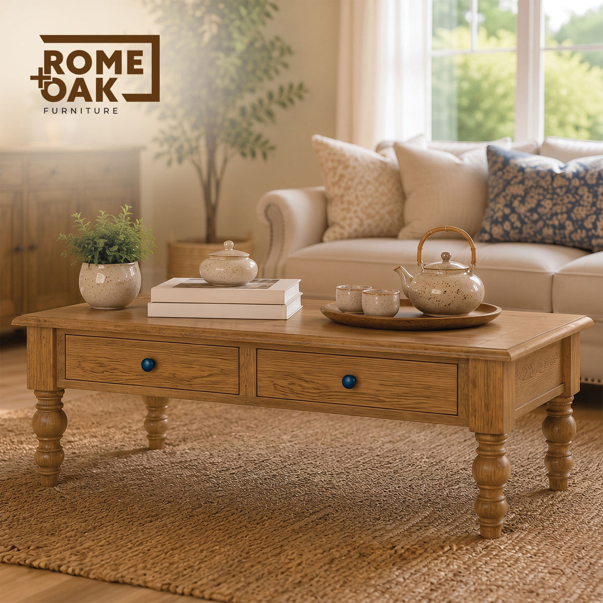 ROME + OAK Stratford Rectangular Wood Cocktail Table w/ Drawers, Natural Oak