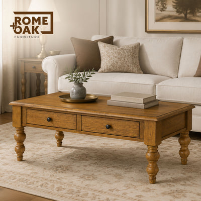 ROME + OAK Stratford Rectangular Wood Cocktail Table w/ Drawers, Natural Oak