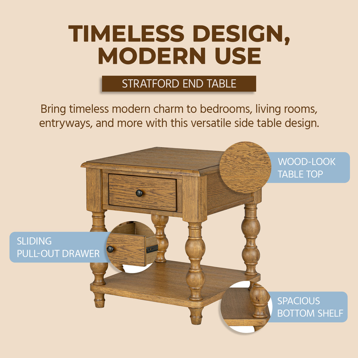 ROME + OAK Stratford Square Wood Coffee Table with Drawers, Natural Oak