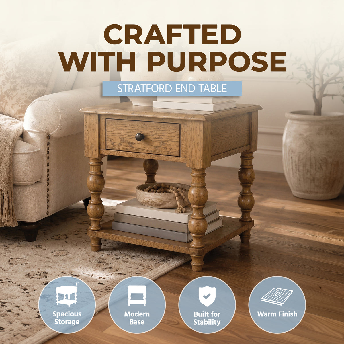 ROME + OAK Stratford Square Wood Coffee Table with Drawers, Natural Oak