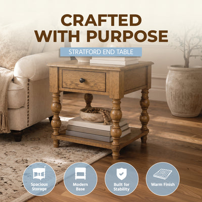 ROME + OAK Stratford Square Wood Coffee Table with Drawers, Natural Oak