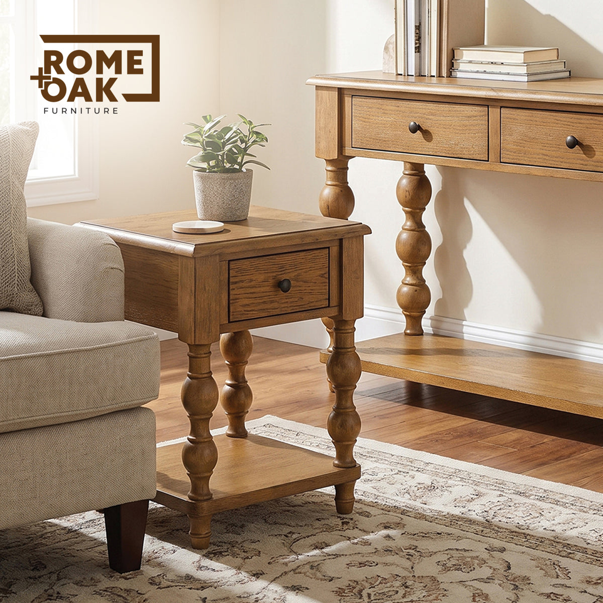ROME + OAK Stratford Square Wood Coffee Table with Drawers, Natural Oak