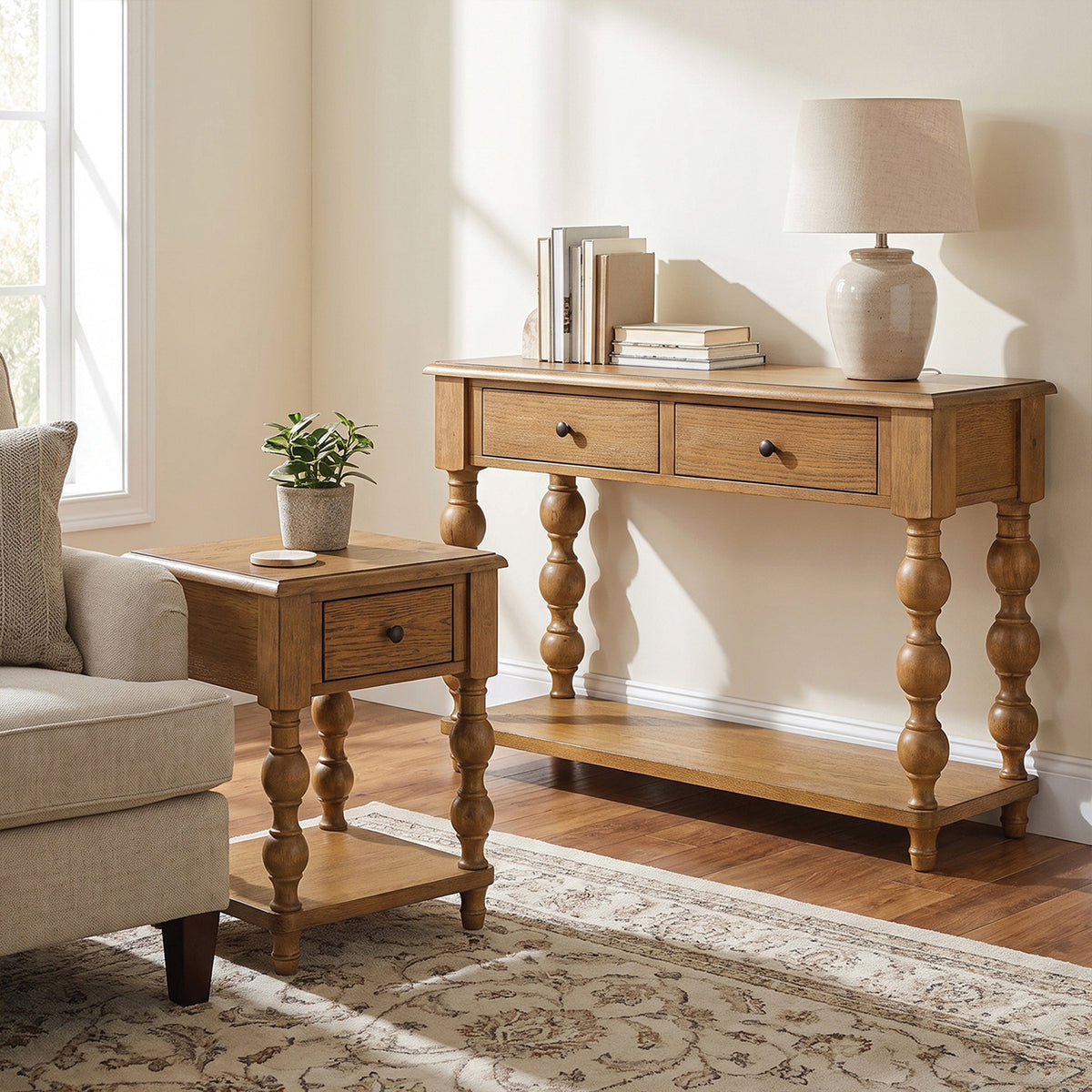 ROME + OAK Stratford Rectangular Wood Console Table with Drawers, Natural Oak