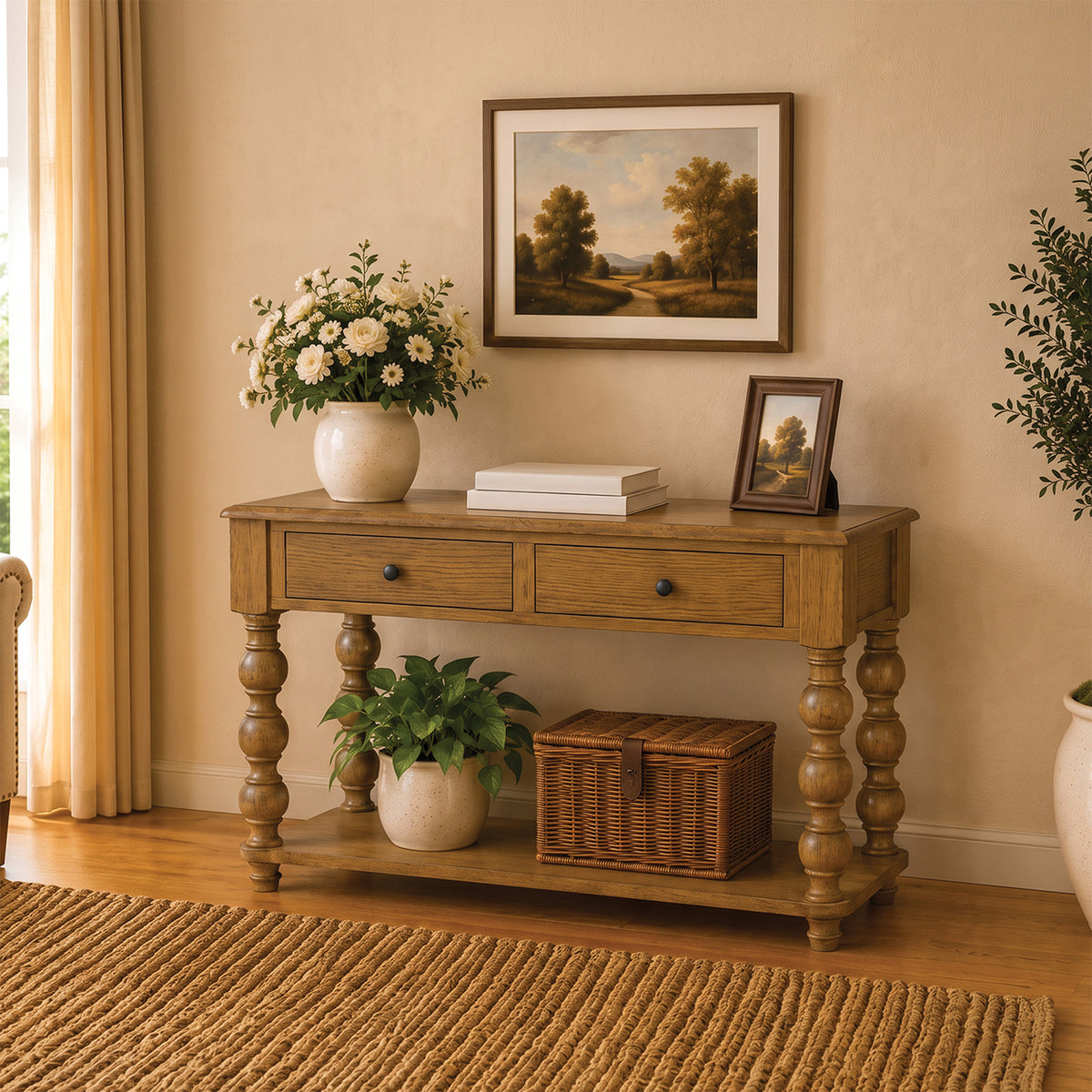 ROME + OAK Stratford Rectangular Wood Console Table with Drawers, Natural Oak