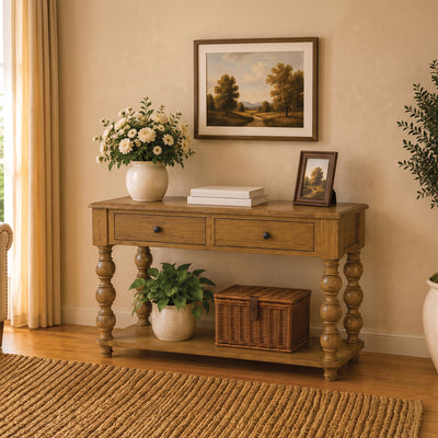 ROME + OAK Stratford Rectangular Wood Console Table with Drawers, Natural Oak