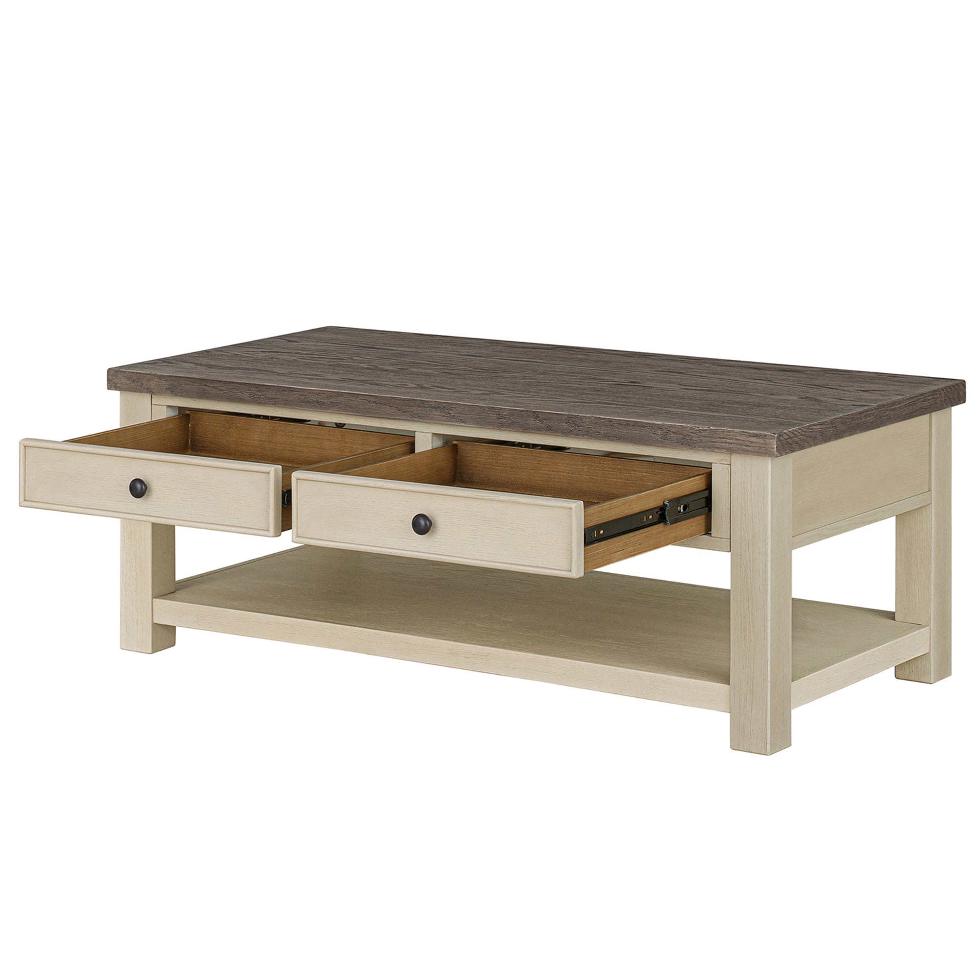 ROME + OAK Tate Farmhouse Wood Cocktail Table with Shelf, Weather Brown & Cream - VMInnovations