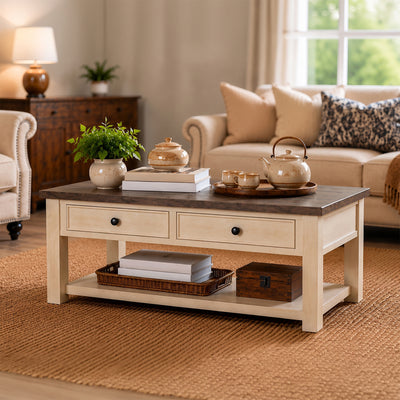 ROME + OAK Tate Farmhouse Wood Cocktail Table with Shelf, Weather Brown & Cream - VMInnovations