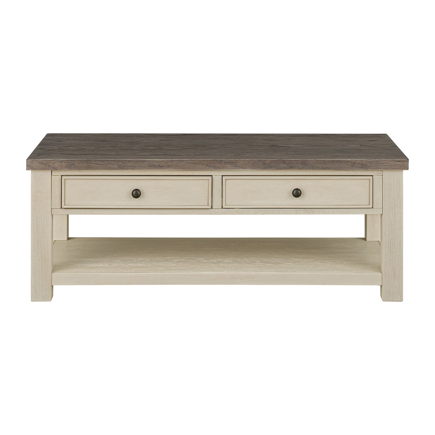 ROME + OAK Tate Farmhouse Wood Cocktail Table with Shelf, Weather Brown & Cream