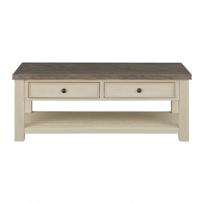 ROME + OAK Tate Farmhouse Wood Cocktail Table with Shelf, Weather Brown & Cream