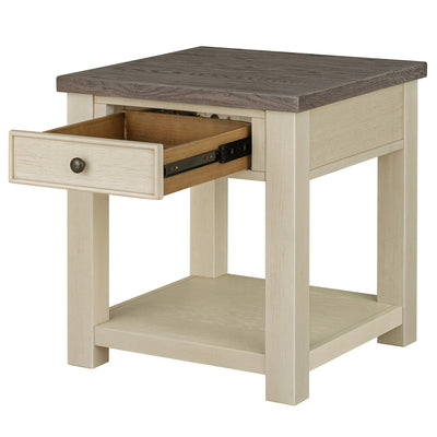 ROME + OAK Tate Farmhouse Wood End Table with Drawer, Weathered Brown and Cream