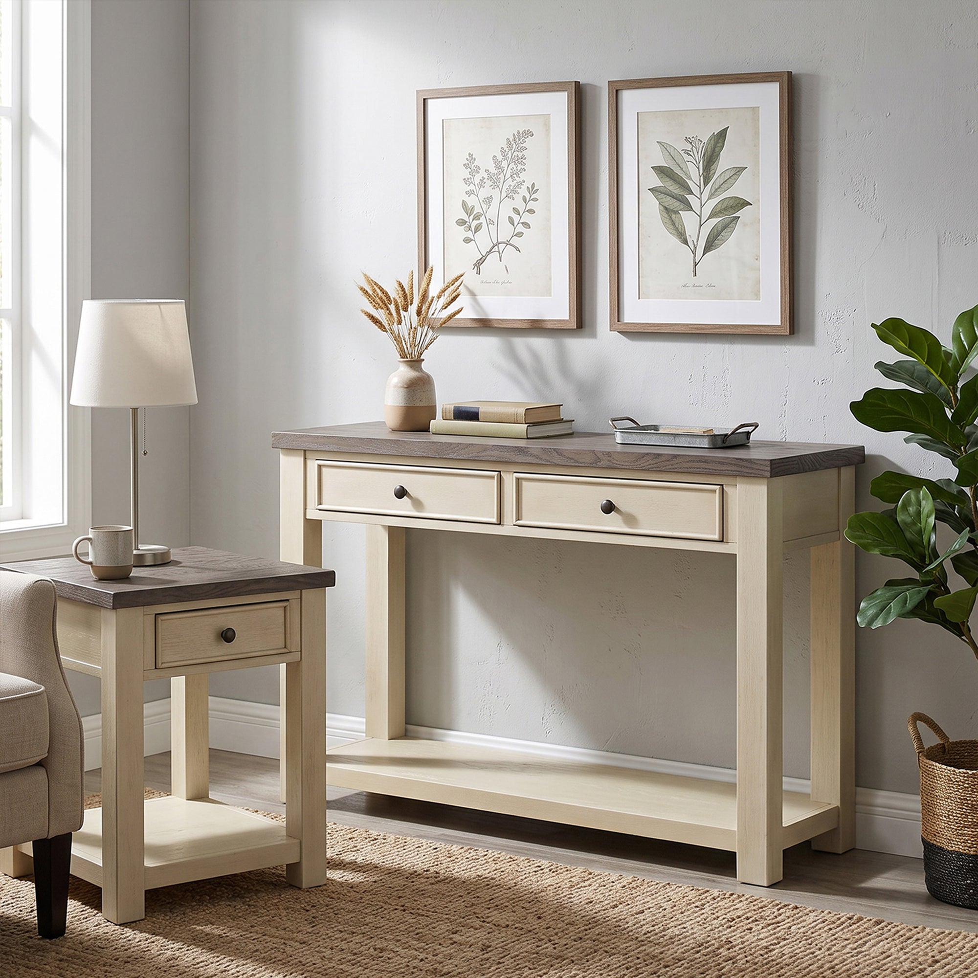 ROME + OAK Tate Farmhouse Wood End Table with Drawer, Weathered Brown and Cream - VMInnovations