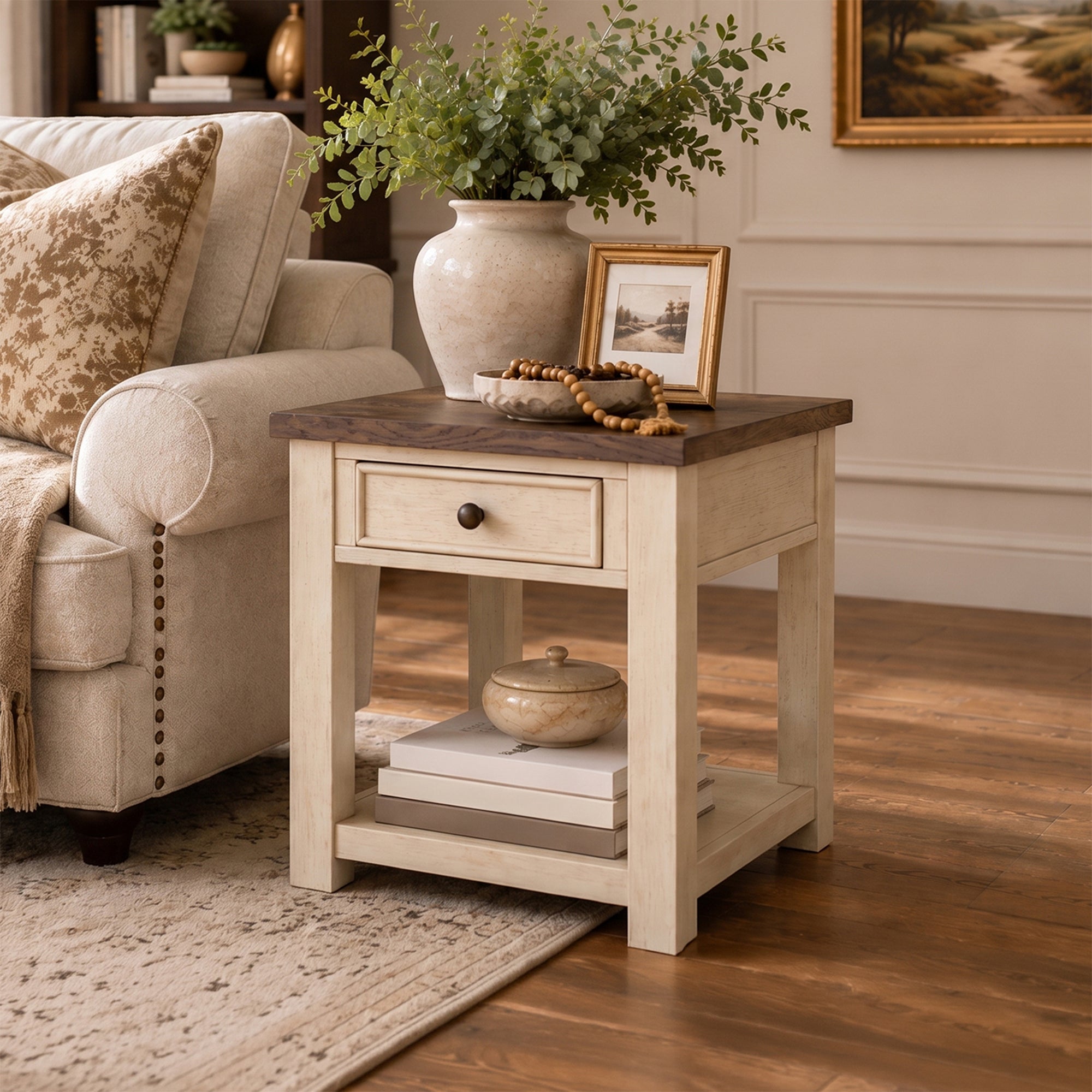 ROME + OAK Tate Farmhouse Wood End Table with Drawer, Weathered Brown and Cream - VMInnovations