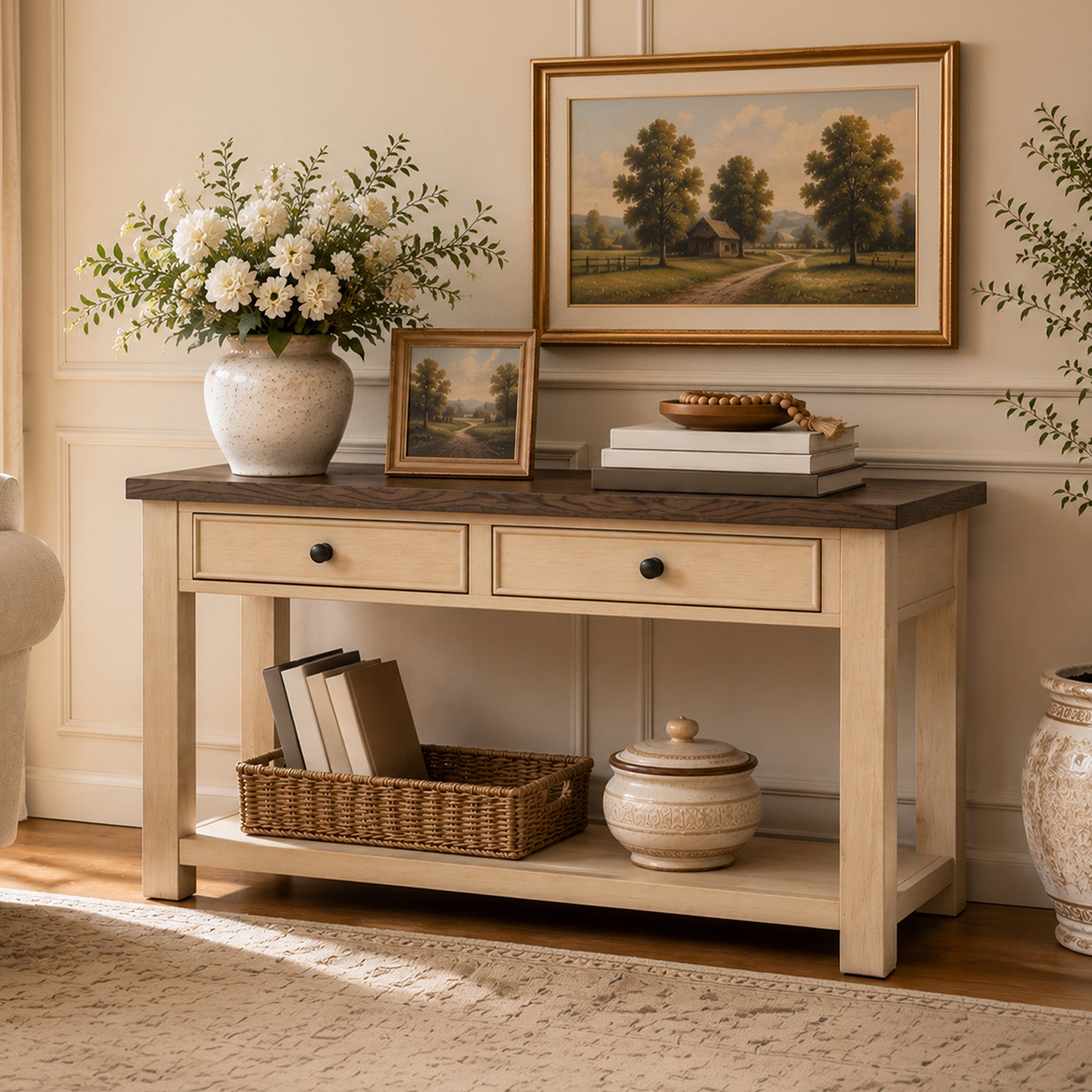ROME + OAK Tate Farmhouse Wooden Console Table, Accent Furniture, Brown & Cream