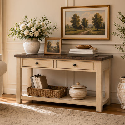 ROME + OAK Tate Farmhouse Wooden Console Table, Accent Furniture, Brown & Cream