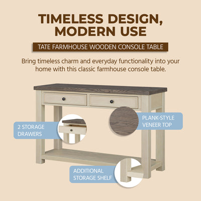 ROME + OAK Tate Farmhouse Wooden Console Table, Accent Furniture, Brown & Cream