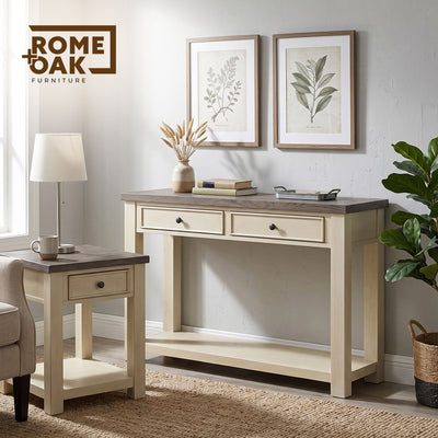 ROME + OAK Tate Farmhouse Wooden Console Table, Accent Furniture, Brown & Cream