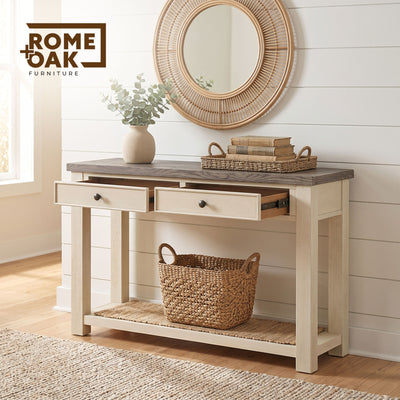 ROME + OAK Tate Farmhouse Wooden Console Table, Accent Furniture, Brown & Cream