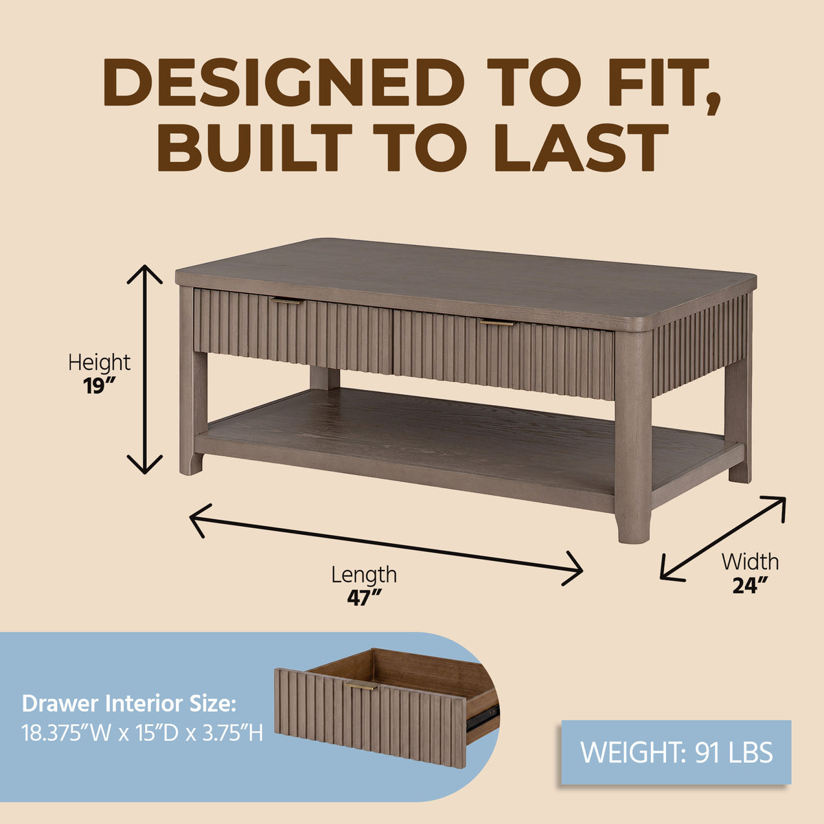 ROME + OAK Hathaway Fluted Wood Coffee Table w/ Drawers and Shelf, Rustic Beige