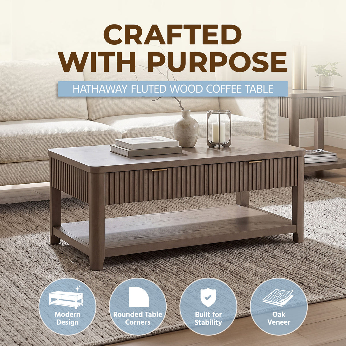 ROME + OAK Hathaway Fluted Wood Coffee Table w/ Drawers and Shelf, Rustic Beige