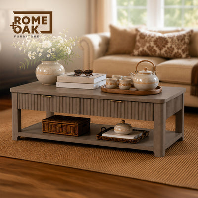 ROME + OAK Hathaway Fluted Wood Coffee Table w/ Drawers and Shelf, Rustic Beige
