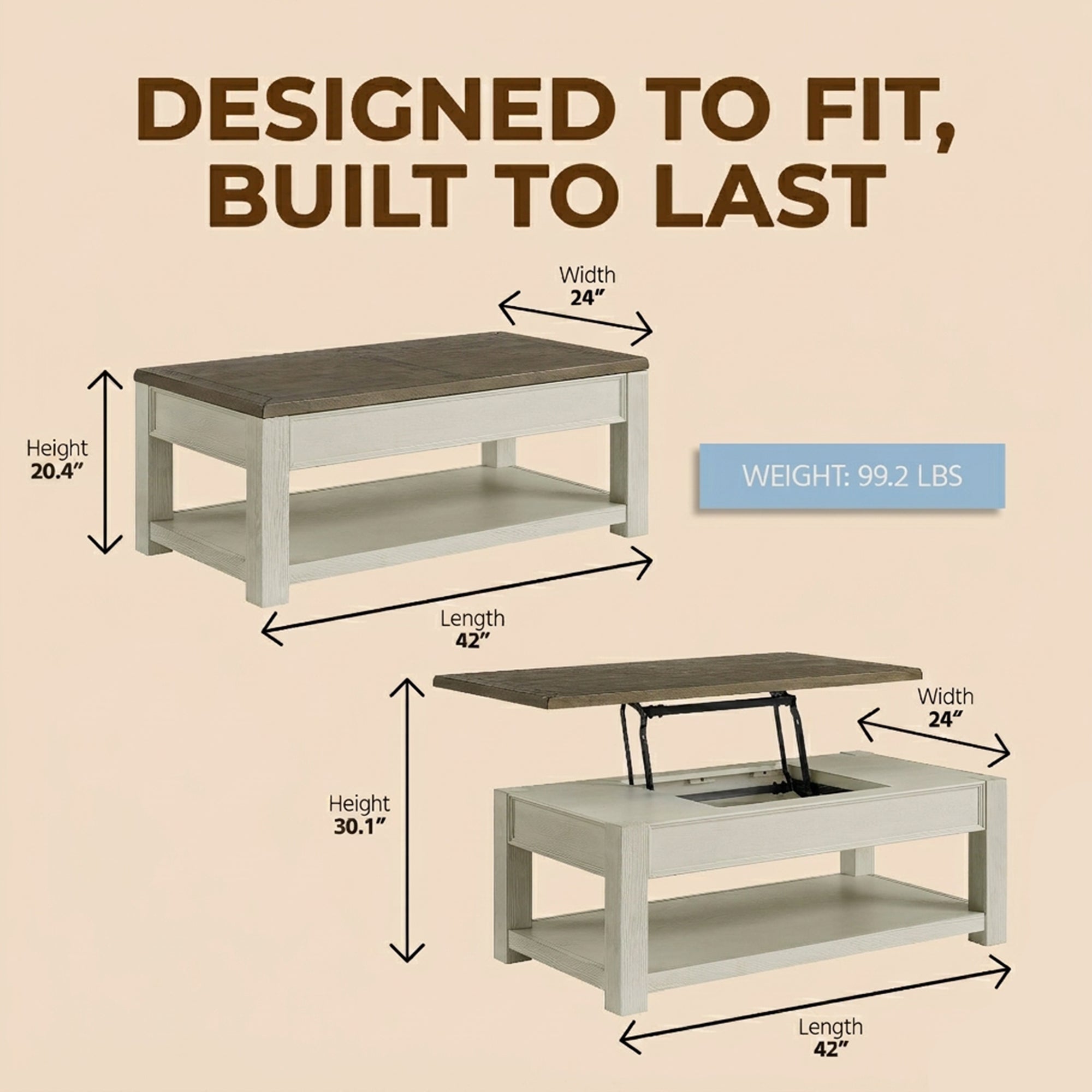 ROME + OAK Tate Farmhouse Cocktail Table with Lift Top, Weathered Brown & Cream - VMInnovations