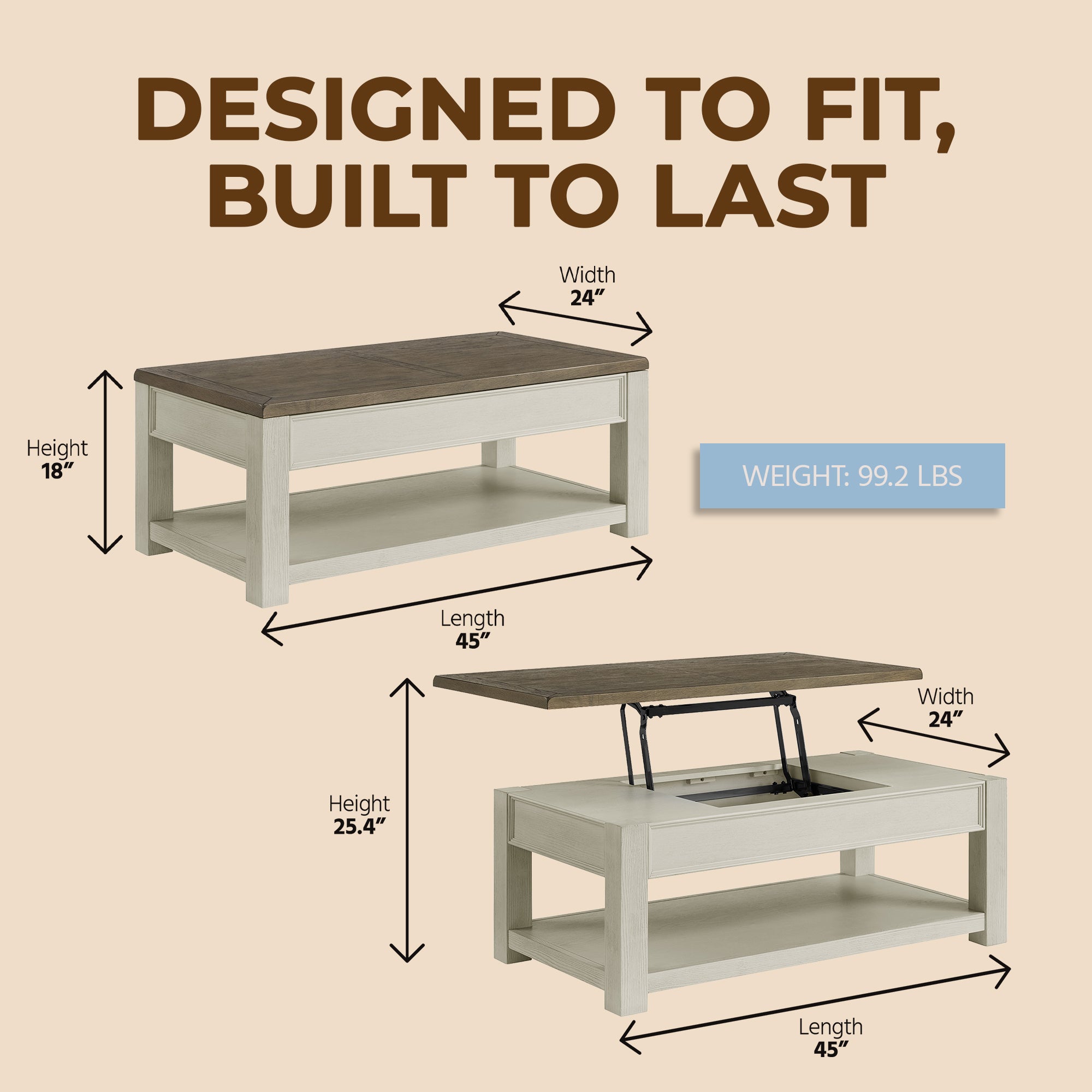 ROME + OAK Tate Farmhouse Cocktail Table with Lift Top, Weathered Brown & Cream