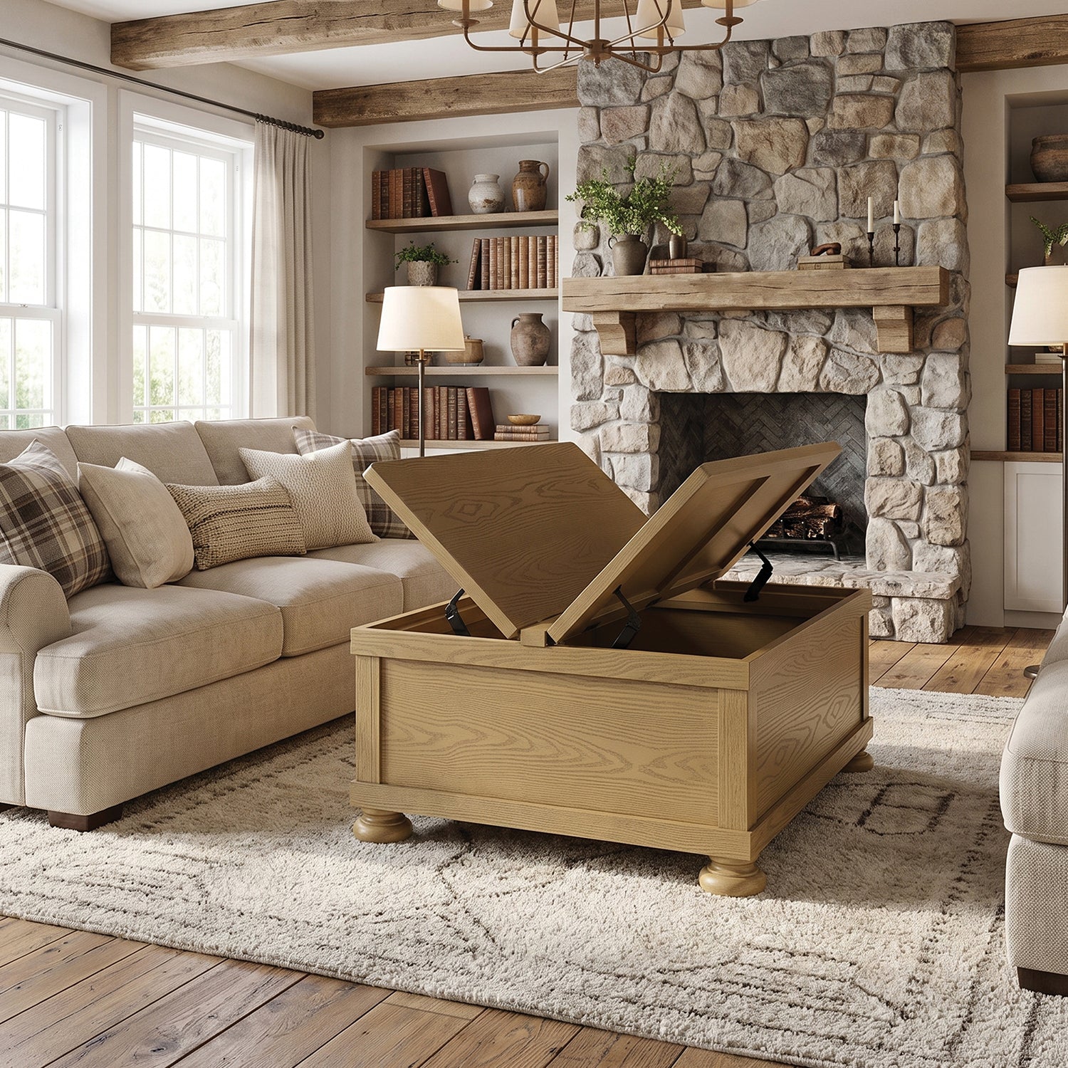 ROME + OAK Stratford Storage Cocktail Table with Manual Lift Top, Natural Oak - VMInnovations