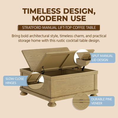ROME + OAK Stratford Storage Cocktail Table with Manual Lift Top, Natural Oak