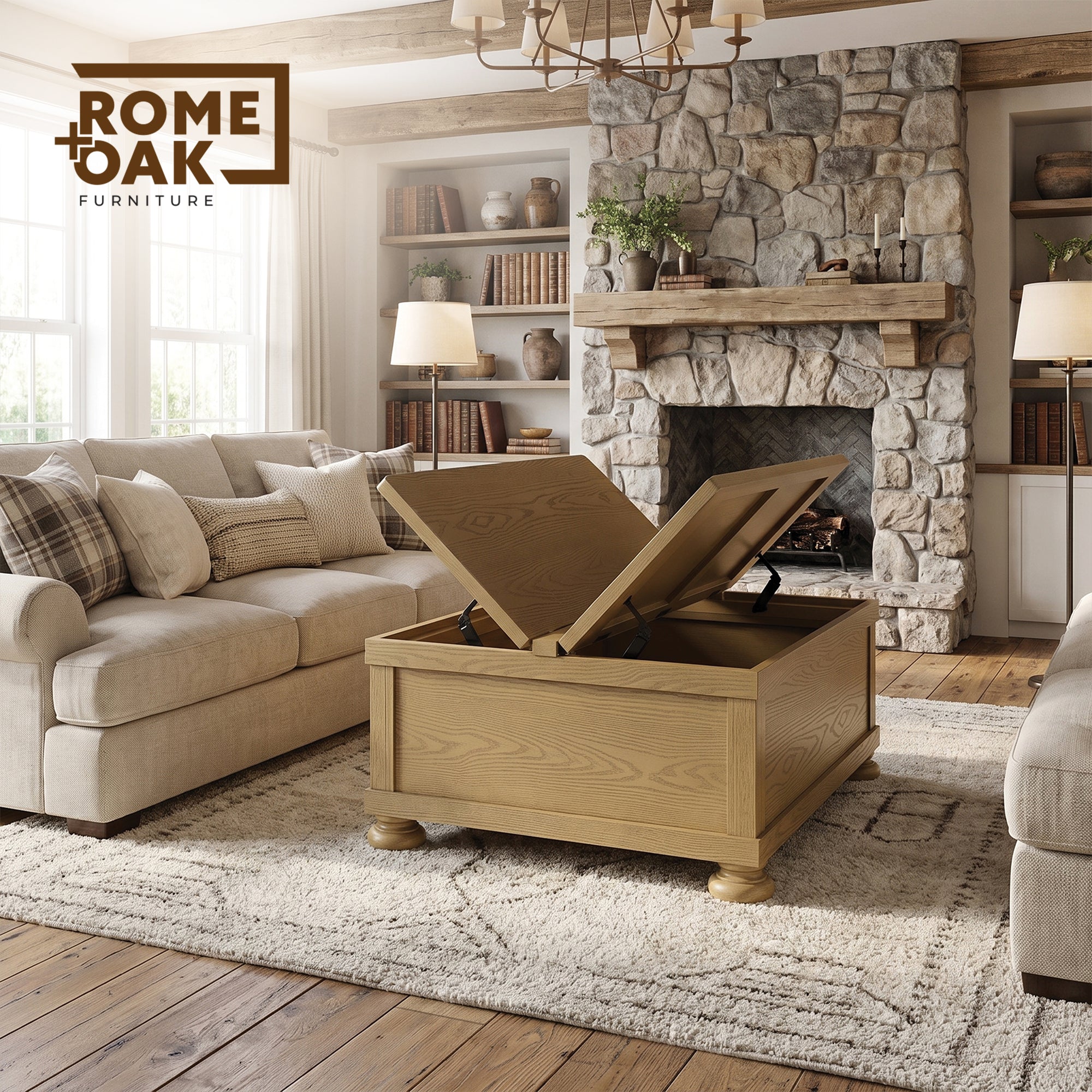 ROME + OAK Stratford Storage Cocktail Table with Manual Lift Top, Natural Oak