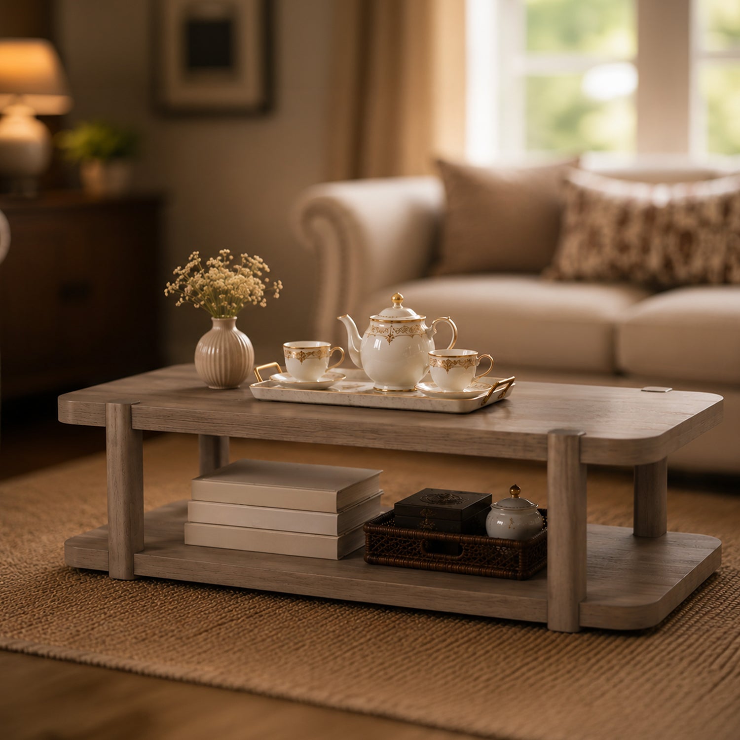 ROME + OAK Coriles Cocktail Table Wood Rectangle Furniture w/ Shelf, Light Beige