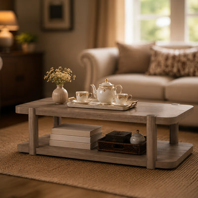 ROME + OAK Coriles Cocktail Table Wood Rectangle Furniture w/ Shelf, Light Beige
